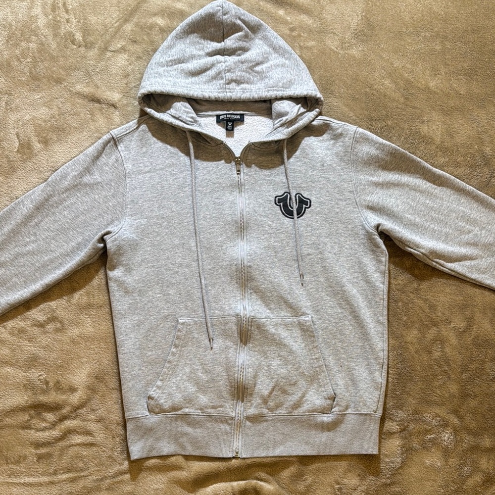 True Religion Light Gray Zip Hoodie w/ black logo